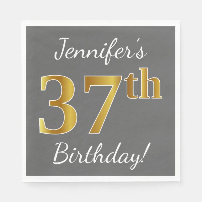 Serviette En Papier Grey, Faux Gold 37th Birthday + Nom personnalisé (Devant)