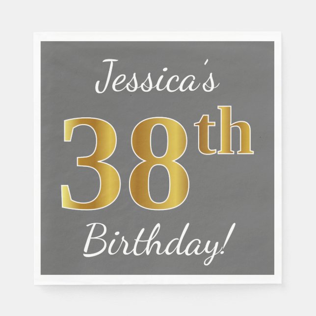 Serviette En Papier Grey, Faux Gold 38e anniversaire + Nom personnalis (Devant)