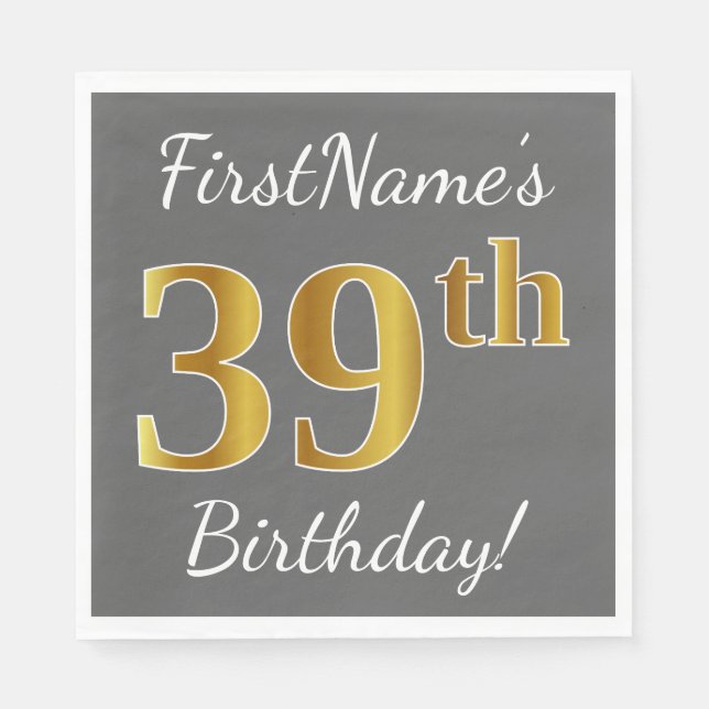 Serviette En Papier Grey, Faux Gold 39e anniversaire + Nom personnalis (Devant)