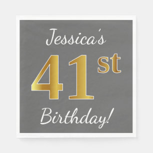 Serviette En Papier Grey, Faux Gold 41e anniversaire + Nom personnalis