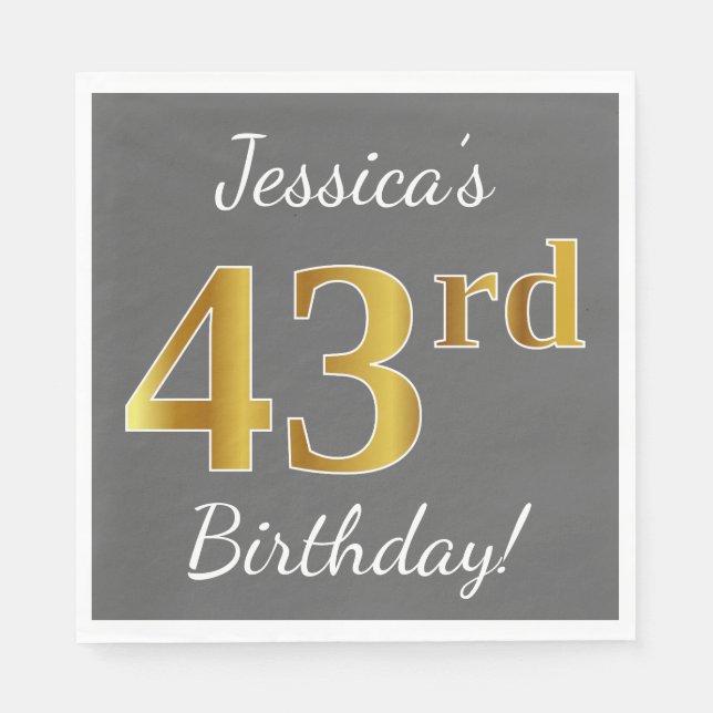 Serviette En Papier Grey, Faux Gold 43ème anniversaire + Nom personnal (Devant)