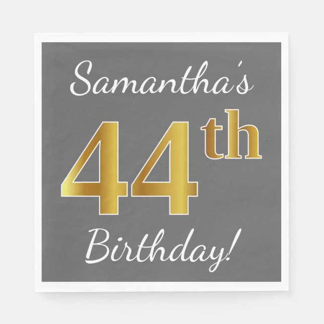 Serviette En Papier Grey, Faux Gold 44e anniversaire + Nom personnalis (Devant)