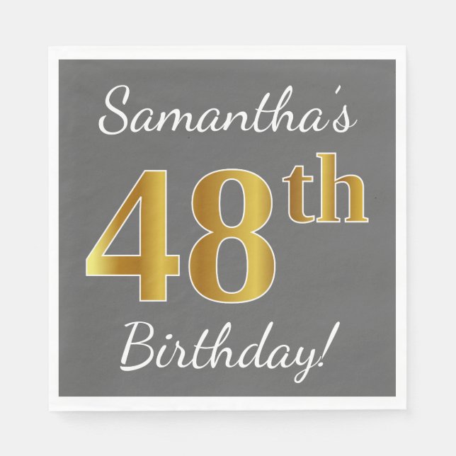 Serviette En Papier Grey, Faux Gold 48e anniversaire + Nom personnalis (Devant)