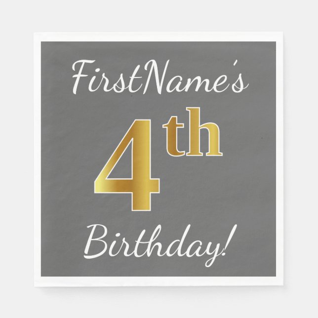 Serviette En Papier Grey, Faux Gold 4th Birday + Nom personnalisé (Devant)
