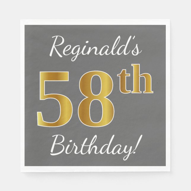Serviette En Papier Grey, Faux Gold 58e anniversaire + Nom personnalis (Devant)