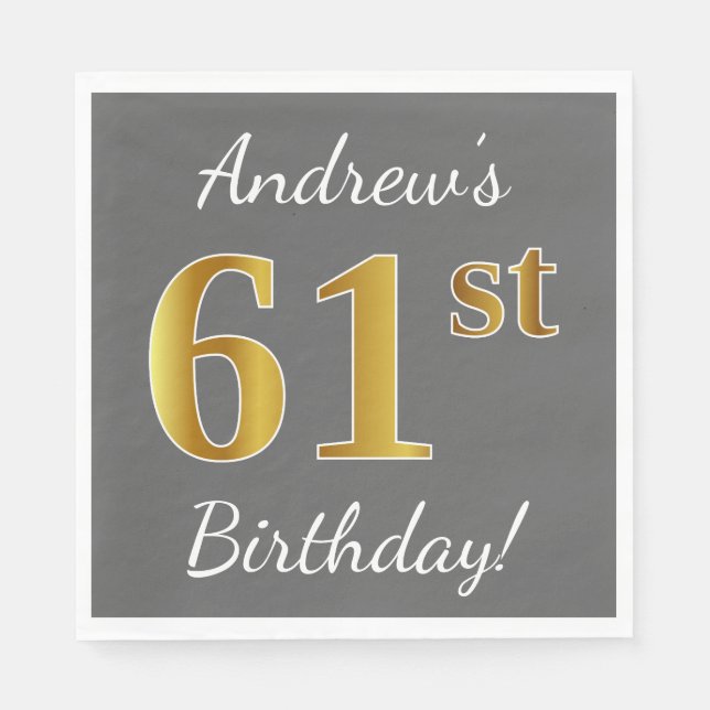 Serviette En Papier Grey, Faux Gold 61e anniversaire + Nom personnalis (Devant)
