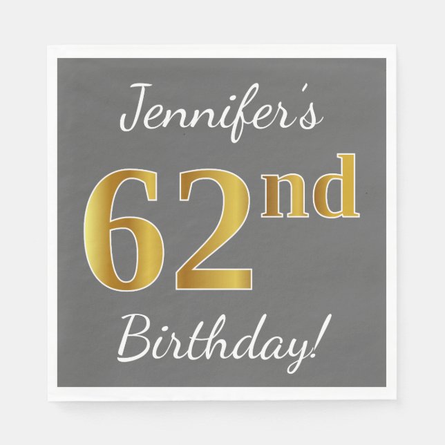 Serviette En Papier Grey, Faux Gold 62e anniversaire + Nom personnalis (Devant)
