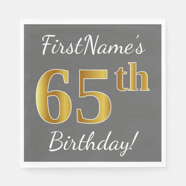 Serviette En Papier Grey, Faux Gold 65e anniversaire + Nom personnalis (Devant)