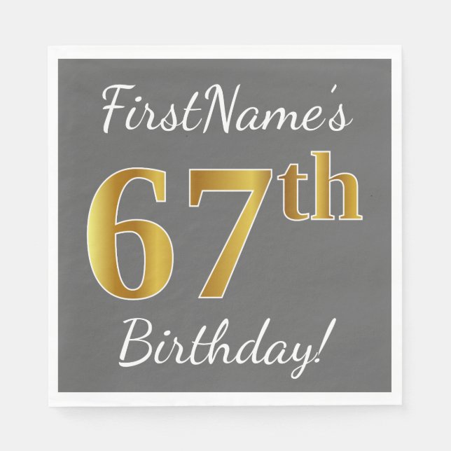 Serviette En Papier Grey, Faux Gold 67e anniversaire + Nom personnalis (Devant)