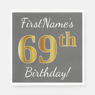 Serviette En Papier Grey, Faux Gold 69e anniversaire + Nom personnalis