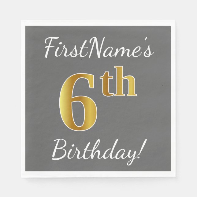 Serviette En Papier Grey, Faux Gold 6e anniversaire + Nom personnalisé (Devant)