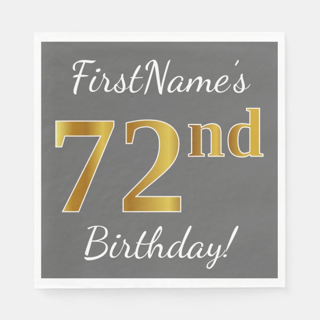 Serviette En Papier Grey, Faux Gold 72e anniversaire + Nom personnalis (Devant)