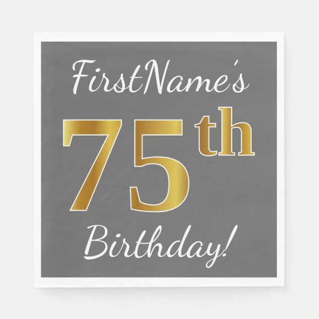 Serviette En Papier Grey, Faux Gold 75e anniversaire + Nom personnalis (Devant)