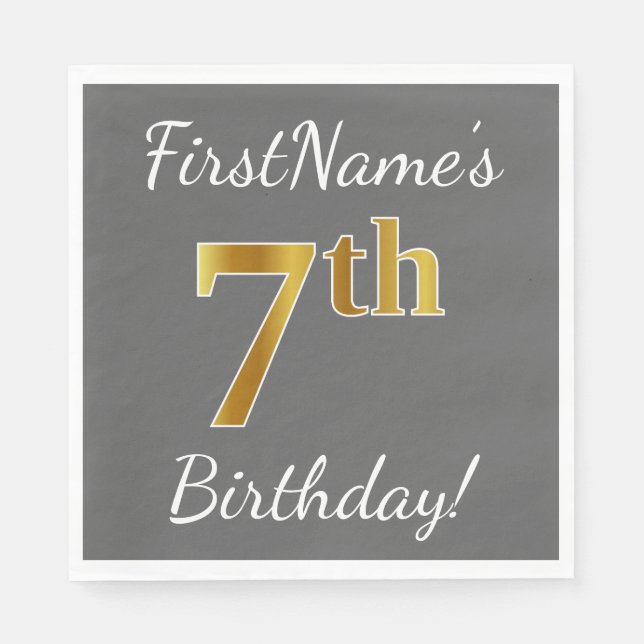 Serviette En Papier Grey, Faux Gold 7e anniversaire + Nom personnalisé (Devant)