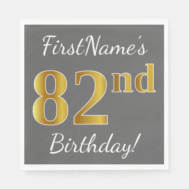 Serviette En Papier Grey, Faux Gold 82e anniversaire + Nom personnalis (Devant)