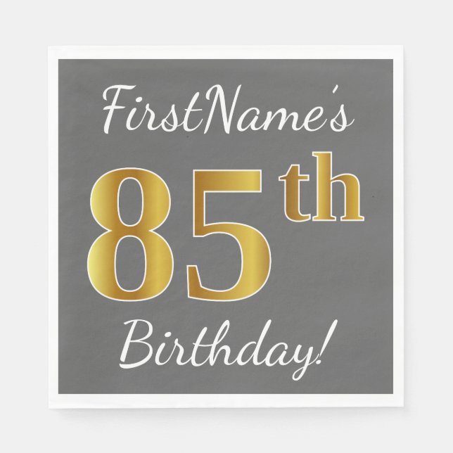 Serviette En Papier Grey, Faux Gold 85e anniversaire + Nom personnalis (Devant)