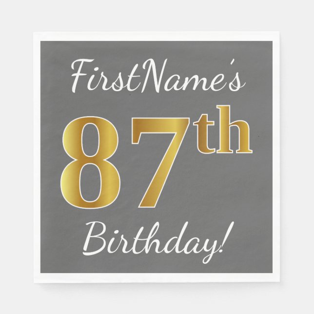 Serviette En Papier Grey, Faux Gold 87e anniversaire + Nom personnalis (Devant)
