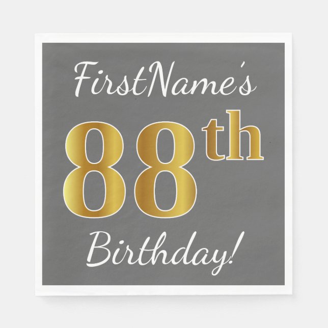 Serviette En Papier Grey, Faux Gold 88e anniversaire + Nom personnalis (Devant)