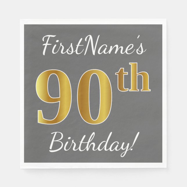 Serviette En Papier Grey, Faux Gold 90e anniversaire + Nom personnalis (Devant)