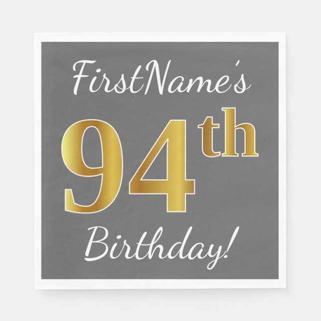 Serviette En Papier Grey, Faux Gold 94e anniversaire + Nom personnalis (Devant)