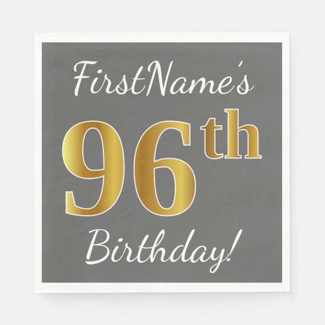 Serviette En Papier Grey, Faux Gold 96e anniversaire + Nom personnalis (Devant)