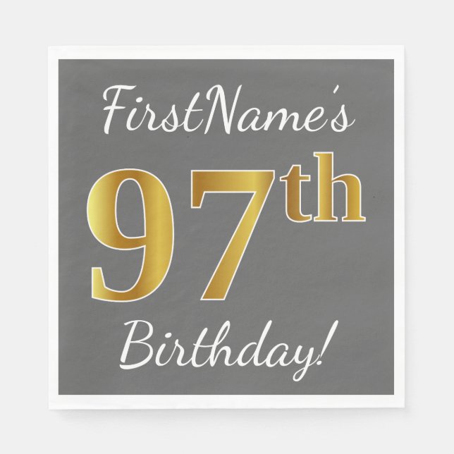 Serviette En Papier Grey, Faux Gold 97e anniversaire + Nom personnalis (Devant)