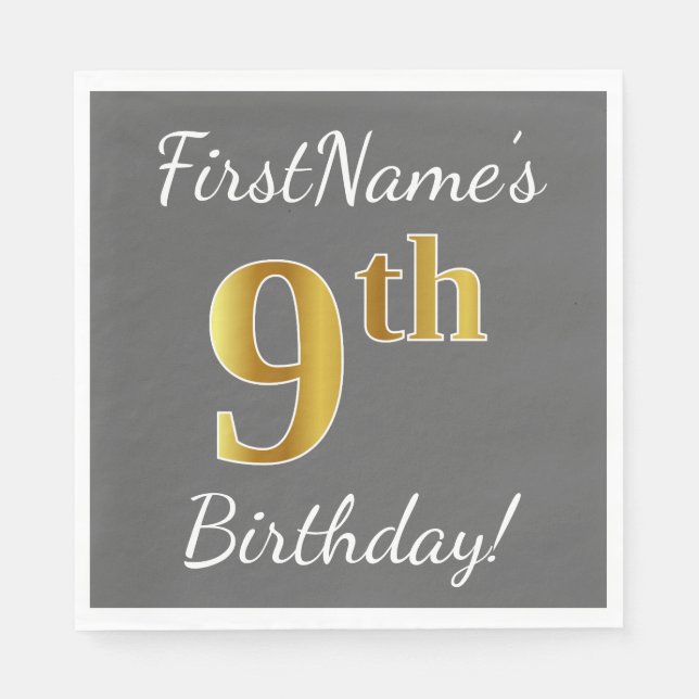 Serviette En Papier Grey, Faux Gold 9e anniversaire + Nom personnalisé (Devant)