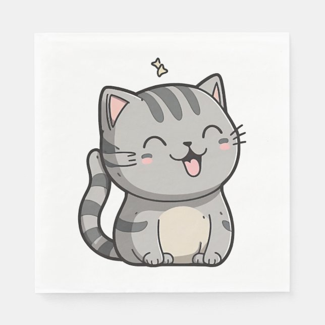 Serviette En Papier Grey Tabby Kawaii Chat souriant (Devant)
