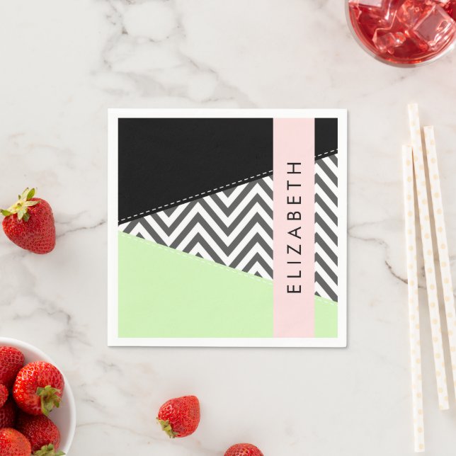 Serviette En Papier Grey Zigzag, Grey Chevron, Mint, Votre Nom (En situation)