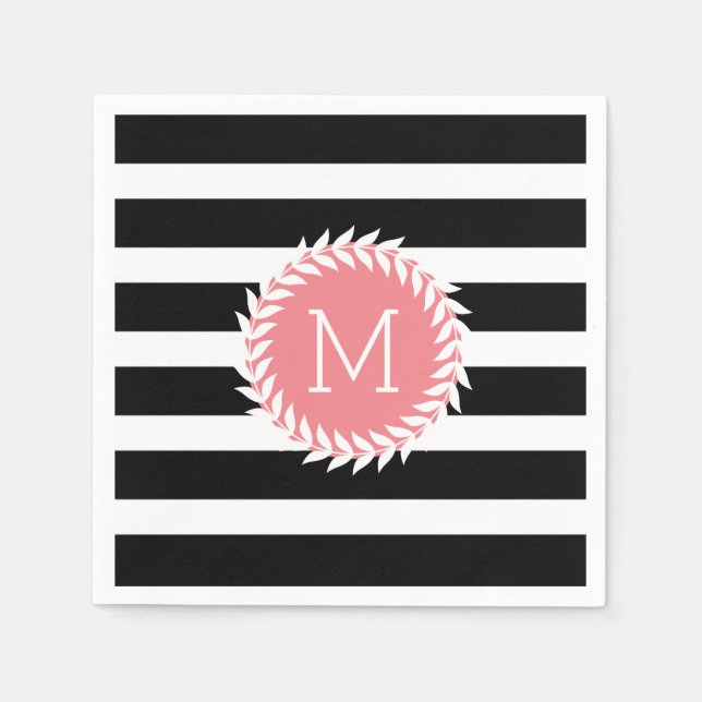 Serviette En Papier Grilles noires et blanches monogrammes et couronne (Devant)