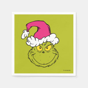 Serviette En Papier Grinch avec un chapeau de Père Noël rose