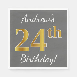 Serviette En Papier Gris, anniversaire d'or de Faux 24ème + Nom fait