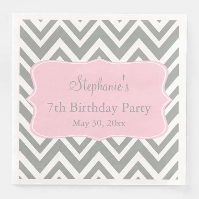 Serviette En Papier Gris, blanc et pastel Pink Chevron Anniversaire (Devant)
