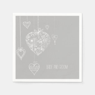 Serviette En Papier Gris Blanc Romantique Coeurs Mariage