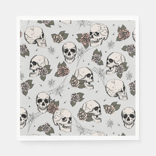 Serviette En Papier Gris Clair Gothique Crânes et Roses Halloween (Devant)