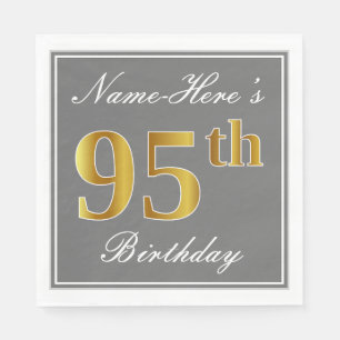 Serviette En Papier Gris Élégant, Or Faux 95e Anniversaire; Nom Person
