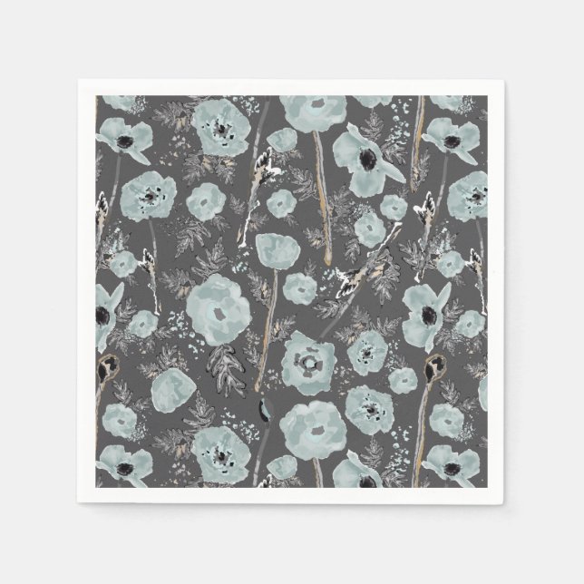 Serviette En Papier Gris Foncé Avec Aquarelle Bleue Floral (Devant)