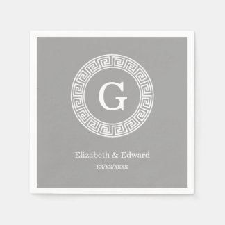 Serviette En Papier Gris foncé blanc clé grecque cadre Rnd initial Mon