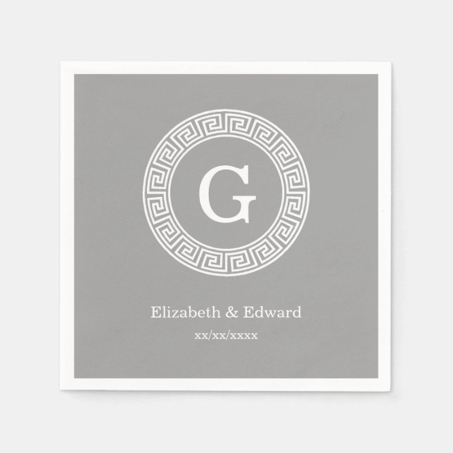 Serviette En Papier Gris foncé blanc clé grecque cadre Rnd initial Mon (Devant)