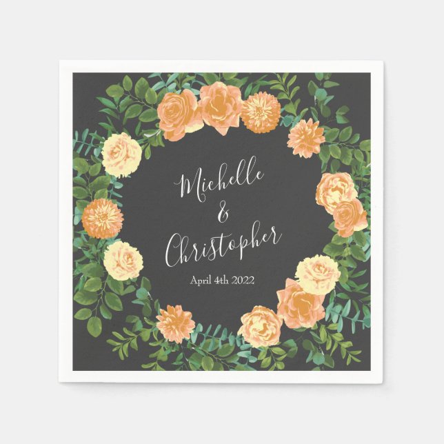 Serviette En Papier Gris foncé Pêche Mariage Floral moderne (Devant)