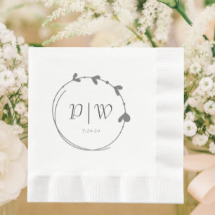 Serviette En Papier Gris foncé Simple Coeur Wreath Monogramme Mariage