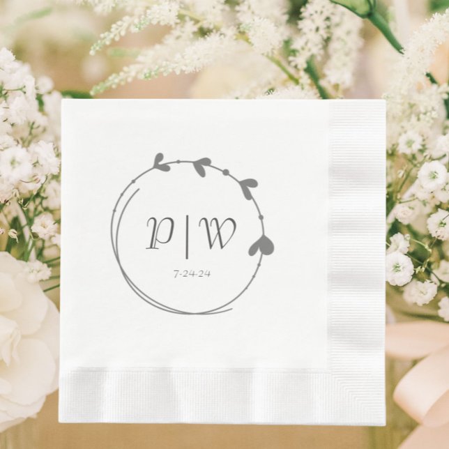 Serviette En Papier Gris foncé Simple Coeur Wreath Monogramme Mariage (In Situ Wedding)