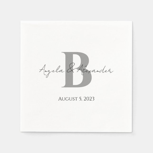 Serviette En Papier Gris Gris Gris Mariage Monogramme Blanc (Devant)