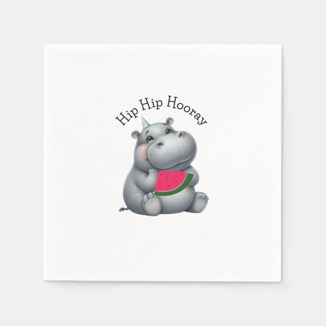 Serviette En Papier Gris Hippopotame Pastèque Anniversaire  (Devant)