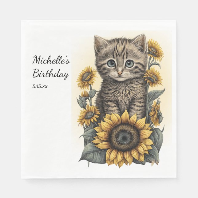 Serviette En Papier Gris Tabby Chat Kitten Tournesols Anniversaire (Devant)