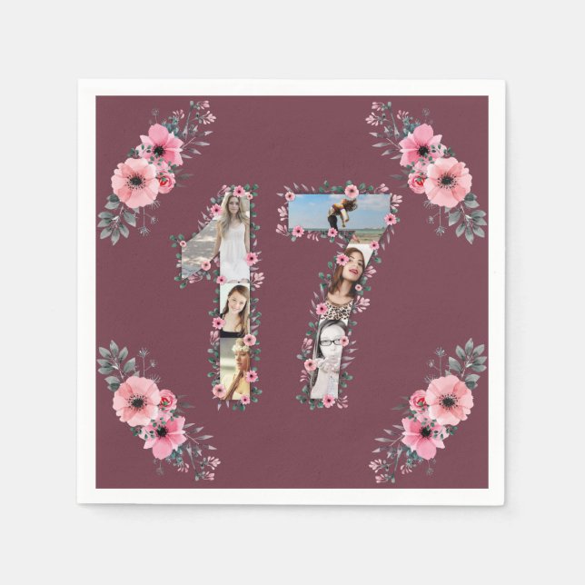 Serviette En Papier Gros 17ème anniversaire fille Fleur Collage photo (Devant)