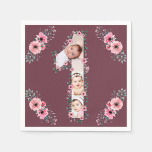 Serviette En Papier Gros 1er anniversaire fille photo Collage Fleur ro