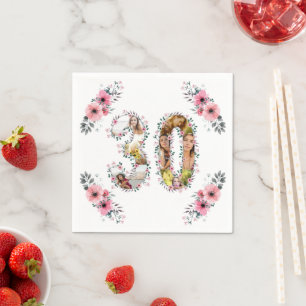 Serviette En Papier Gros 30e anniversaire Photo Collage Rose Fleur Bla