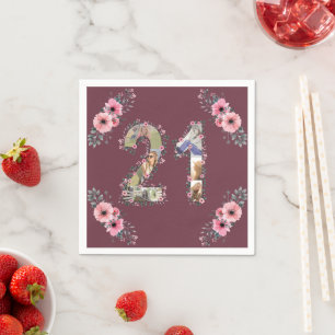 Serviette En Papier Grosse 21e anniversaire Photo Collage Rose Flower