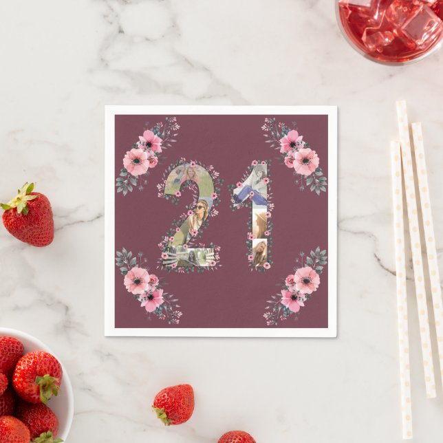 Serviette En Papier Grosse 21e anniversaire Photo Collage Rose Flower  (En situation)